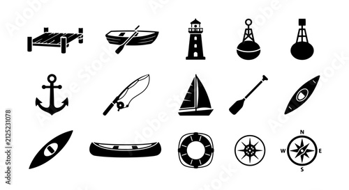 Nautical Icons Set: Marine Objects, Boating Symbols, Maritime Navigation Elements, Vector Graphics
