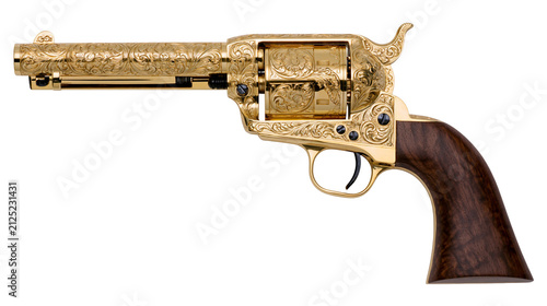 Foto Ornate gold engraved revolver with dark wood grip, isolated on transparent backg