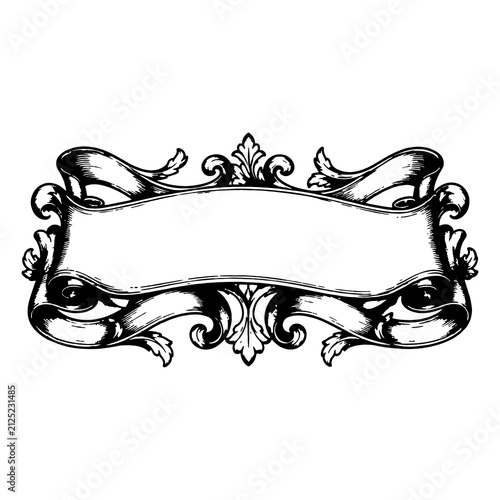 Vintage scroll banner with floral ornaments. Decorative ribbon frame for text design.