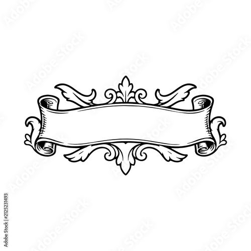 Vintage scroll banner with floral ornaments. Decorative heraldic ribbon for text design.