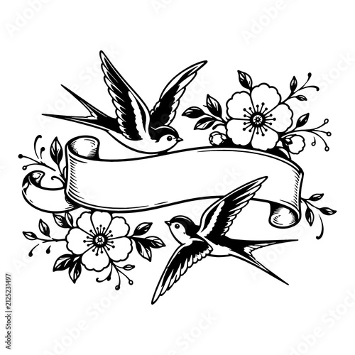 Old school tattoo swallows with ribbon banner. Vintage floral frame with flying birds.