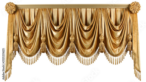Foto Luxurious golden velvet swag valance with ornate tassels and fringe, isolated on