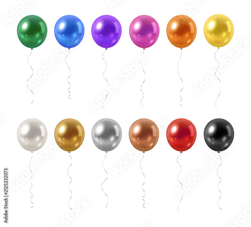 Collection of realistic metallic colorful, gold, silver, copper, white and black helium party balloons on transparent background