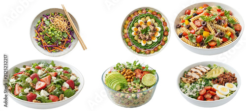 Canvastavla A varied collection of fresh salad bowls featuring greens, grains, vegetables, fruit, cheese, and proteins in colorful mixed compositions