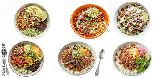 Obraz na plátne A varied collection of burrito bowls with meats, seafood, tofu, vegetables, and fresh toppings