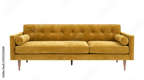 Obraz na plátne Tufted mustard yellow velvet sofa with bolster pillows, isolated on transparent