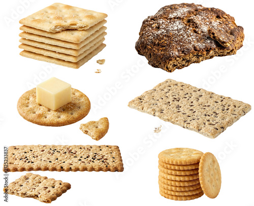 Fotografie A varied assortment of crisp crackers and crispbreads in different grains, seeds, and seasonings arranged as a clean snack collection