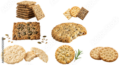 Fotografie A varied assortment of savory crackers with different grains, seeds, and seasonings on a clean white background