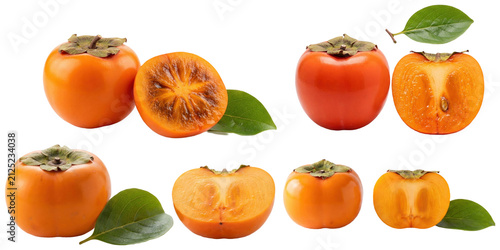 Cuadro en lienzo A studio collection of assorted persimmon varieties shown whole and cut open with leaves, highlighting their orange tones and unique shapes