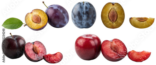 Canvastavla A studio assortment of plums in different varieties, colors, and cut forms arranged on a clean white background