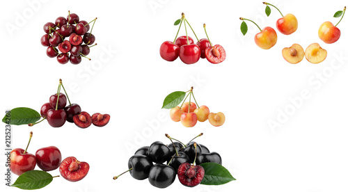 Canvastavla A studio assortment of assorted cherry varieties shown whole and cut with leaves and stems on white