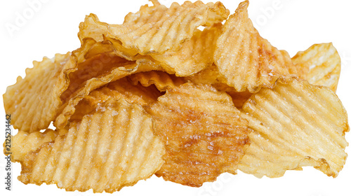 Golden wavy potato chips with salt crystals, isolated on transparent background