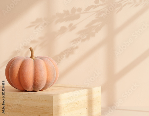 Beautiful decorative peach pumpkin rests peacefully on a simple light wooden block, adorned with soft natural leaf and window shadows on a warm beige wall, evoking a gentle autumn feeling