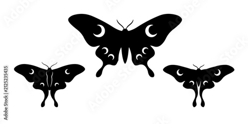 Gothic Lunar Moth Silhouette Set with Crescent Moon Pattern - Celestial Insect Vector.