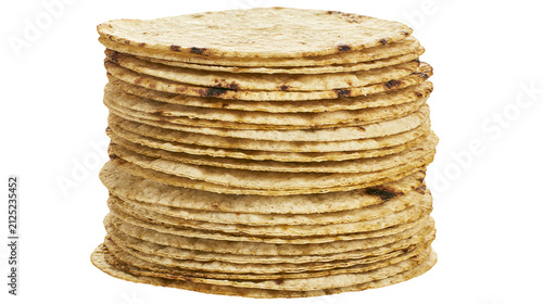 Stack of golden brown corn tortillas lightly charred edges, isolated on transparent background