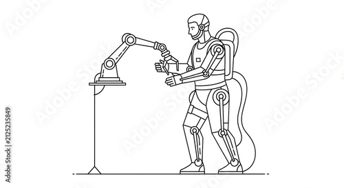 Black and white line art showing a backpacked humanoid robot interacting with a robotic arm, depicting futuristic collaboration.