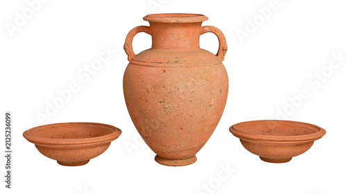 Terracotta amphora with two shallow bowls, isolated on transparent background