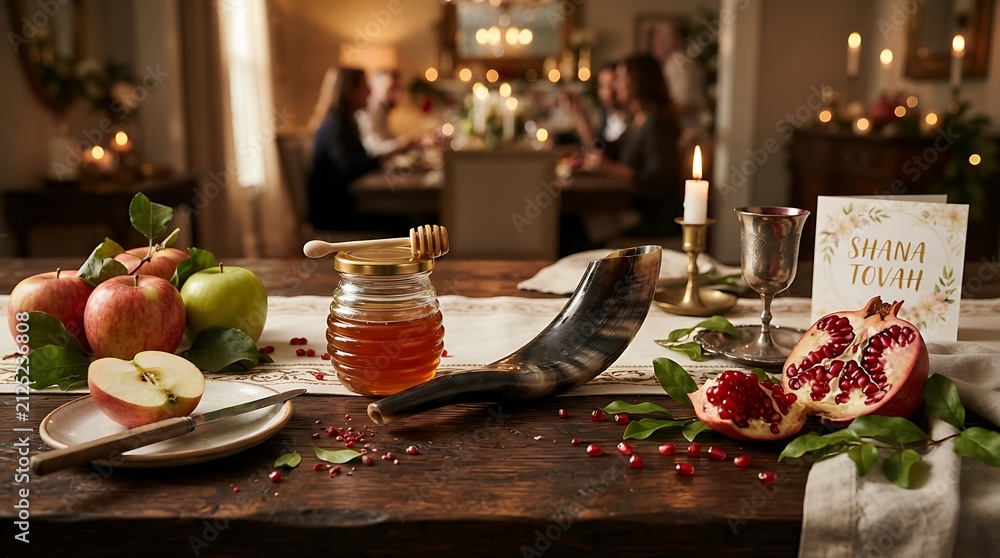 Obraz premium Rosh hashanah celebration table setting with shofar, honey, apples, and pomegranate