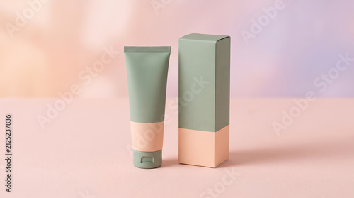 Minimalist Cosmetic Packaging Mockup with Sage Green and Peach Pastel Tones for Skincare Beauty Products