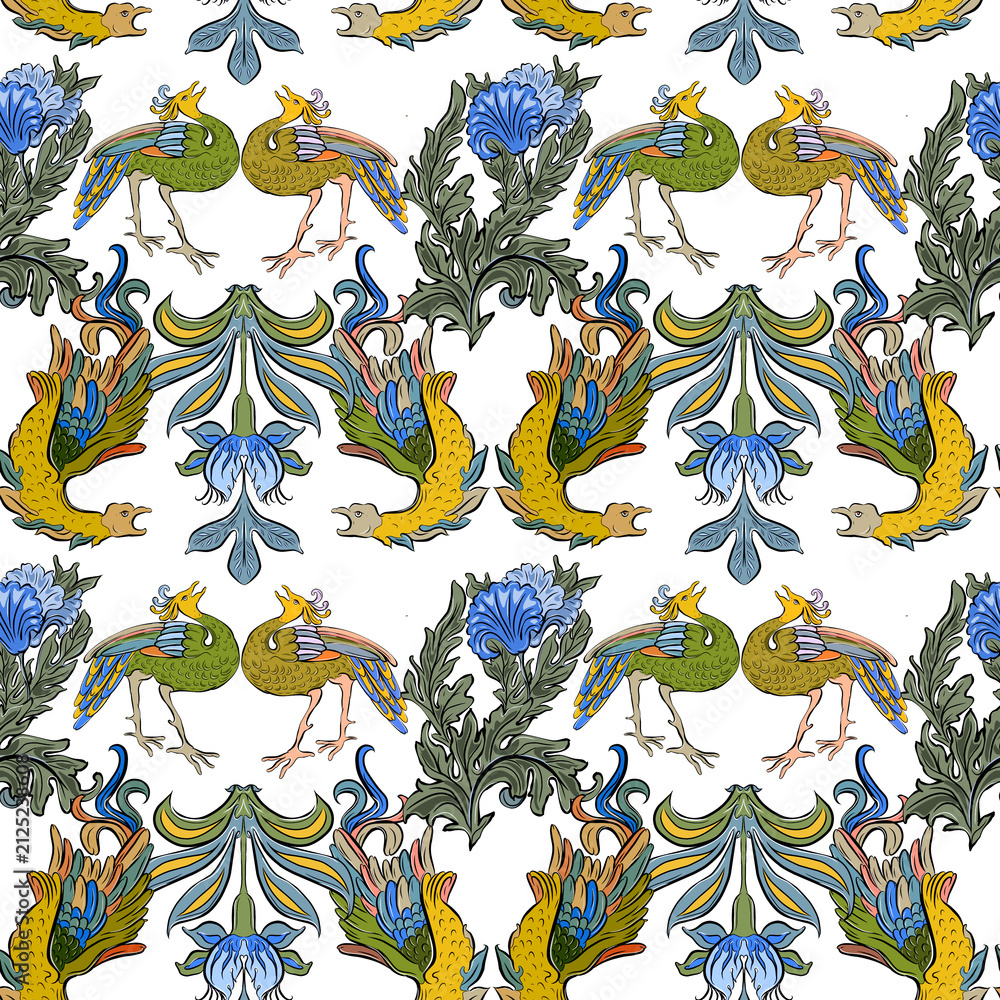 Obraz premium Art Nouveau Bird Motif Seamless Wallpaper