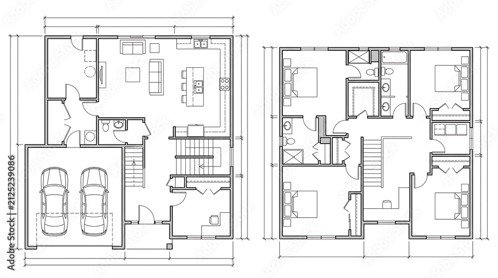 Fototapeta premium Detailed architectural floor plan showing ground and upper levels of a modern residential house design