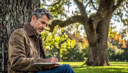 Man with graying hair writing in journal leaning against tree