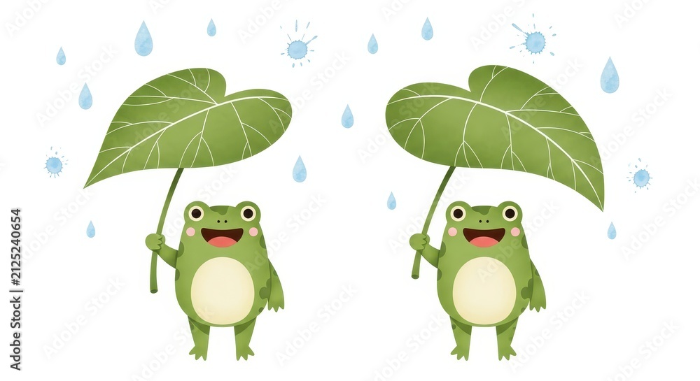 Obraz premium Cute Cartoon Frogs Holding Large Green Leaf Umbrellas in the Rain Watercolor Illustration