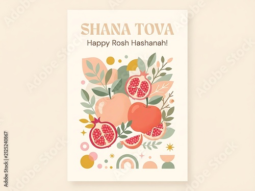 Shana tova greeting card design with apples and pomegranates, traditional symbols for the jewish new year rosh hashanah, flat vector illustration