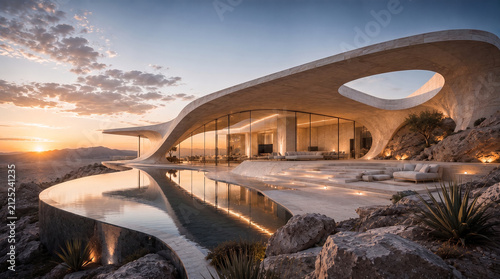 Ultra-modern luxury architectural masterpiece floating above calm reflective water at sunrise, featuring minimalist monumental design