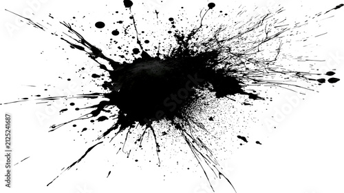 Obraz na plátne Black ink splatter explosion with fine droplets, isolated on transparent backgro