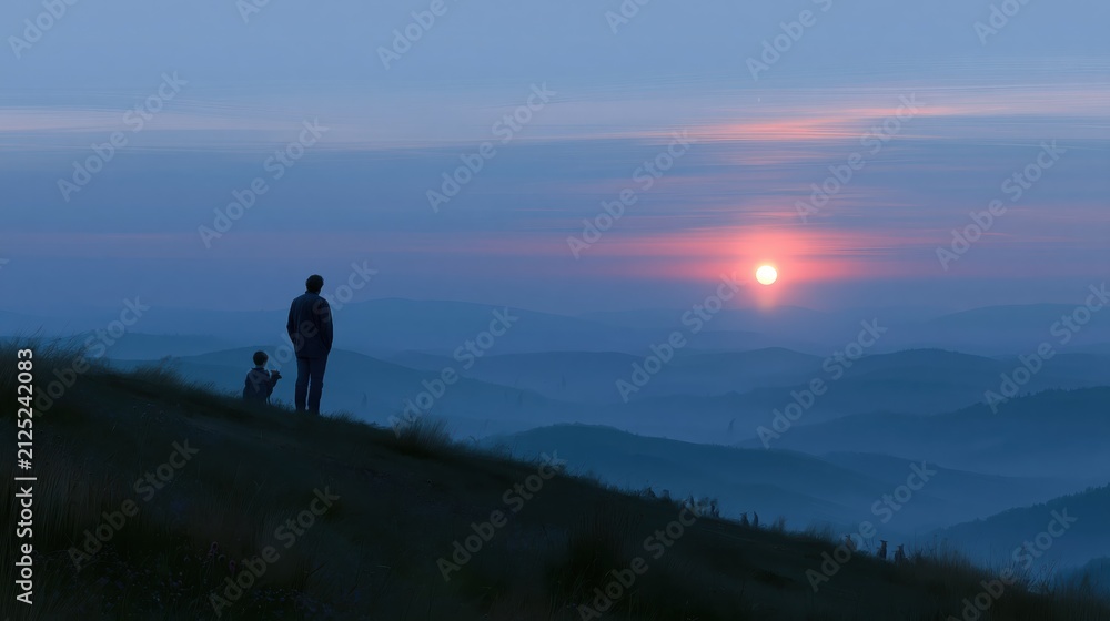 Obraz premium Two people stand on a hilltop at sunset looking at the colorful sky and distant mountains