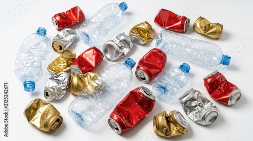 Assorted crushed plastic bottles and metal cans for recycling