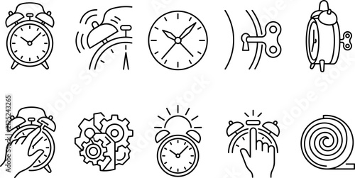 Alarm clock silhouette icons line art, timekeeping artwork illustration, wake‑up design graphics, mechanical clock sketch outline artwork
