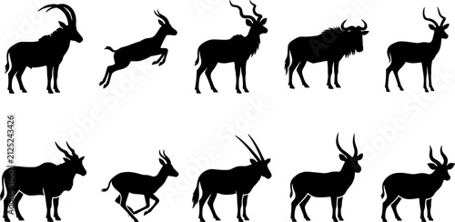Antelope species silhouette icons line art, gazelle wildlife artwork illustration, safari animal design graphics, nature sketch outline artwork