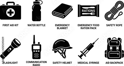 Emergency preparedness icons silhouette art, survival equipment illustration, disaster safety design graphics, rescue supply sketch, essential outline artwork