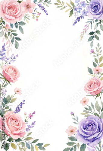 Elegant Watercolor Floral Border Frame with Pink and Purple Roses
