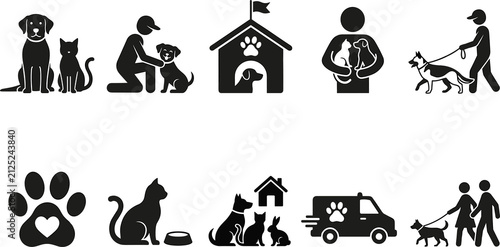Pet care silhouette icons line art, animal welfare artwork illustration, adoption design graphics, veterinary support sketch outline artwork