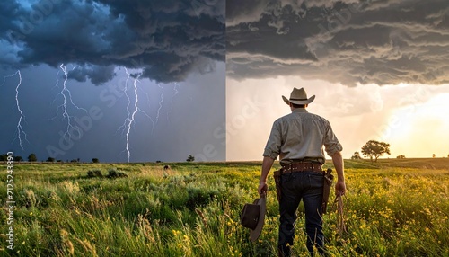 Cowboy facing stormy weather and lightning in split screen