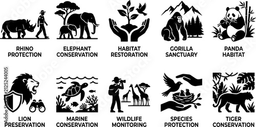 Wildlife conservation icons line art, animal protection artwork illustration, habitat preservation design graphics, species safeguard sketch, nature outline artwork