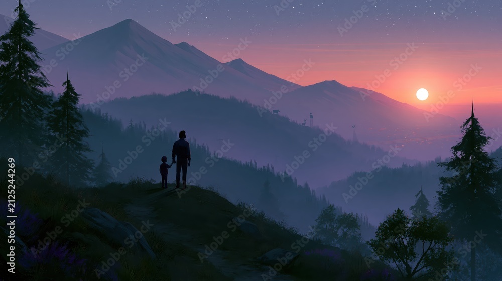 Fototapeta premium People view the sunset from a mountain top with trees and hills in the background during evening time