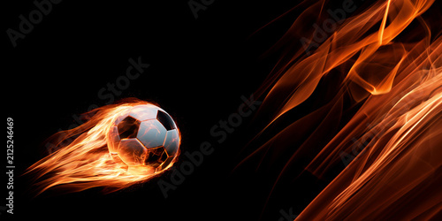 flaming soccer ball with fiery trail on black background, blazing football in motion with dramatic fire streak, dynamic soccer ball action with glowing flame trail on dark background