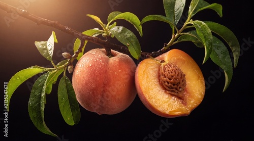 Fresh peach and nectarine on tree branch with green leaves. Ripe summer stone fruits with water droplets.