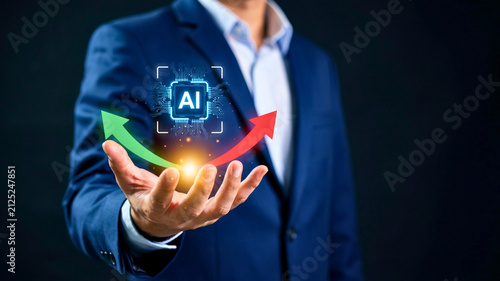 Businessman presenting a glowing artificial intelligence AI chip with dynamic directional arrows for digital transformation