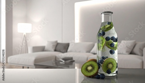 Infused water with kiwi and blueberries in modern living room