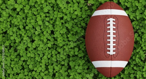 American Football Ball Lying on Green Clover Grass Background with Copy Space for Sports and Luck Concept