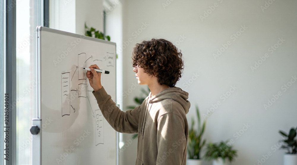 Fototapeta premium Teenager drawing on a whiteboard, Young man drawing on whiteboard while standing indoors in daylight 