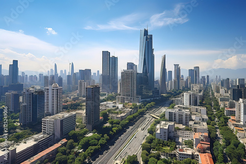 Amazing cityscape with tall skyscrapers in early morning during winter