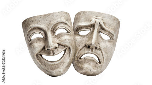 Fotografía Detailed stone textured comedy and tragedy theater masks representing bipolar em