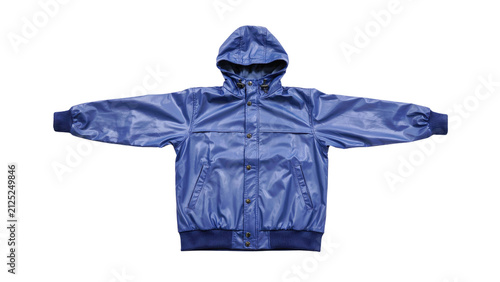 Bright blue waterproof windbreaker jacket with a hood featuring long sleeves and metal buttons for casual outdoor wear isolated as a product shot on transparent background
