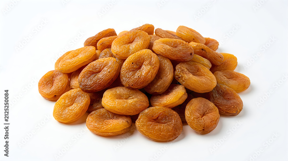 Obraz premium A close-up view of a bountiful pile of dried apricots, vibrantly orange and distinctly wrinkled, presented on a stark white background.